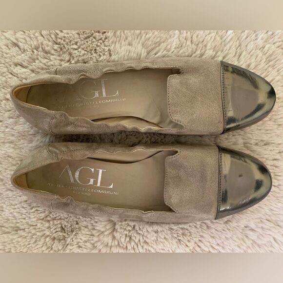 AGL Attilio Giusti Leombruni Grey Metallic Cap Toe Suede Flats - Picture 1 of 4